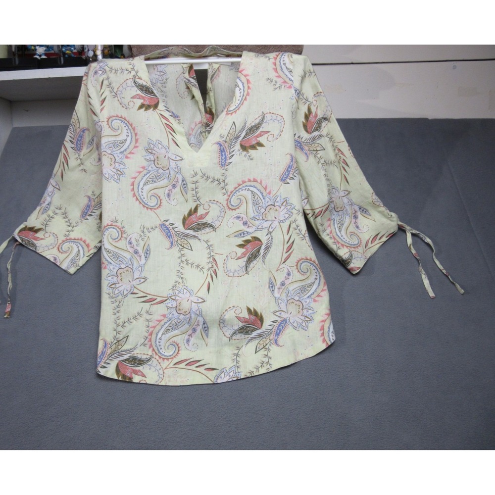 J Jill Top Womens MP Medium Petite Green Linen Paisley V-Neck Back Keyhole Boho